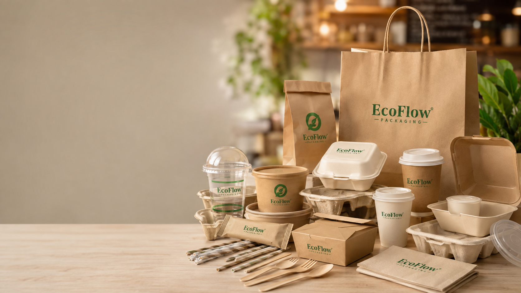 EcoFlow branded takeaway cups, bagasse clamshells, kraft containers, napkins and carry bags arranged on a café bench