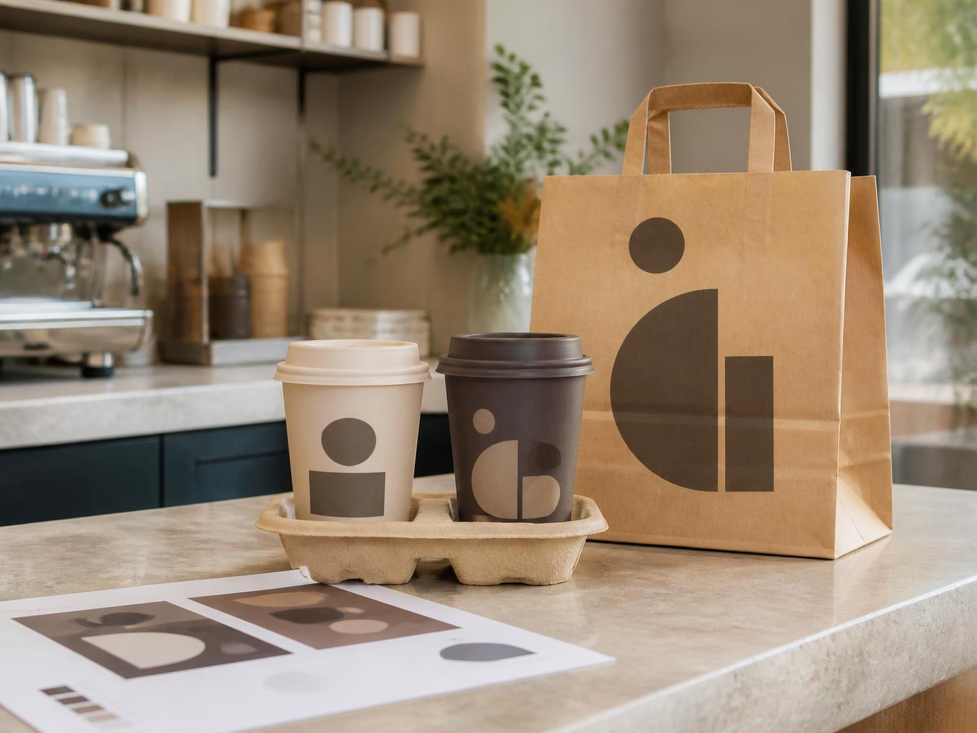 Custom printed takeaway cups and a kraft carry bag beside a print proof sheet on a café counter