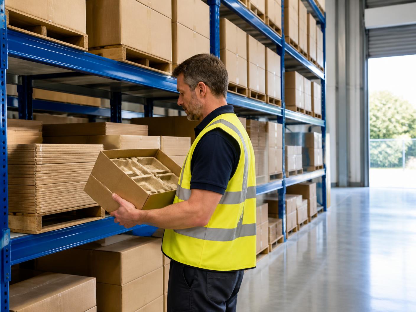 Warehouse team member in hi-vis workwear picking cartons of takeaway packaging in an organised Adelaide warehouse